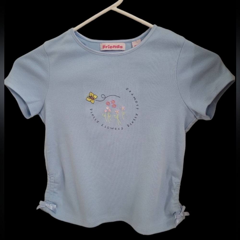 Girls Just FRIENDS Pretty Flowers Blue Top Size L (6) BNWOT Embroidered & Bows